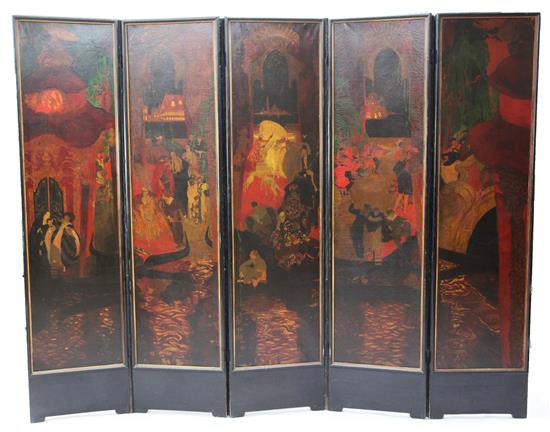 § Adrien Désiré Etienne Drian (1885-1961) Figures attending a Venetian ball, each panel 58 x 15in.